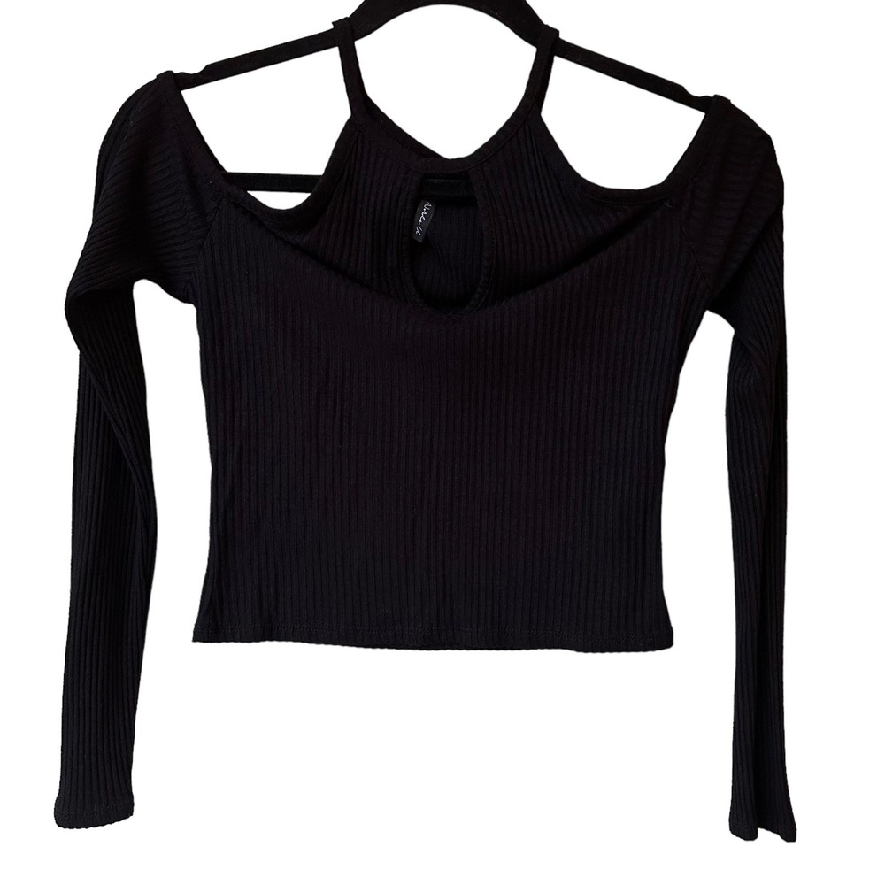 noble u ribbed black cut out long sleeve top women size small